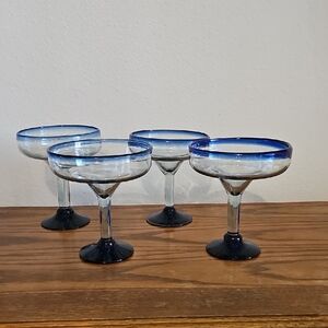 Handblown, Made In Mexico Cobalt Blue Rim Margarita Glass Set